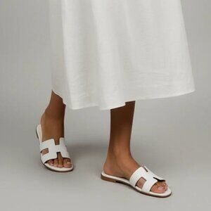 WHITE TRENDY H- SHAPED CUTOUT UPPOER SLIDE SANDALS